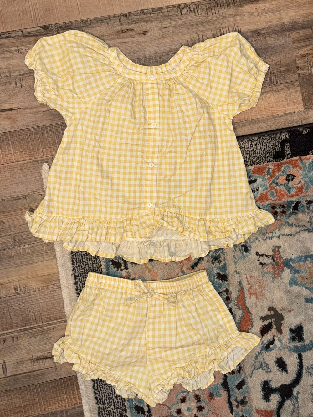 PIYAMA Girls Yellow & White Gingham Ruffle Pajama Top & Matching Shorts Size 6